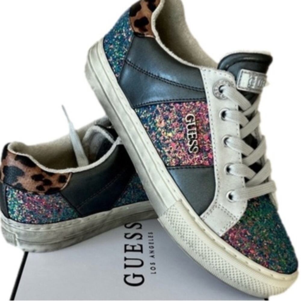 Guess Shoes Women’s Trendy Glitter Sneakers with Leopard Accent Size 6.5 NEW NIB
